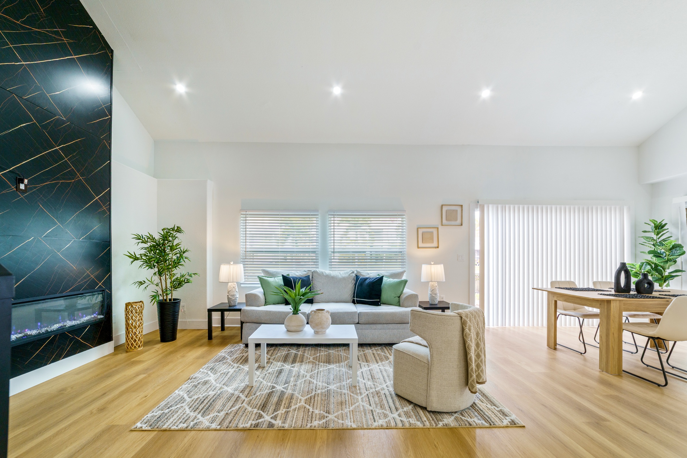 Real estate interior photography Tampa — modern living room with dramatic black geometric fireplace accent wall